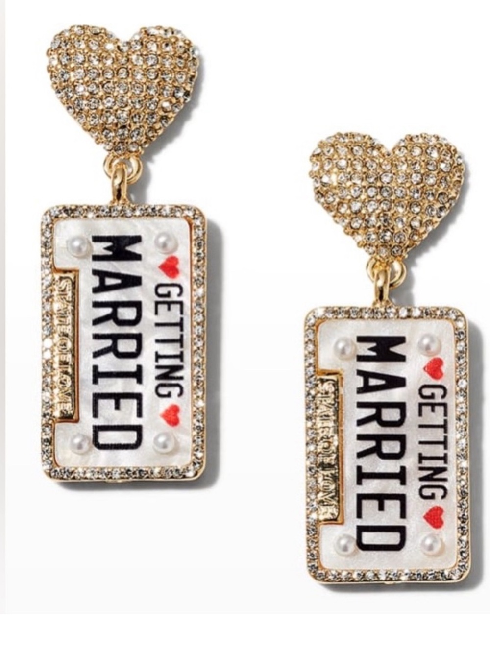 Getting Married License Plate Dangle Earrings - Gold Tone